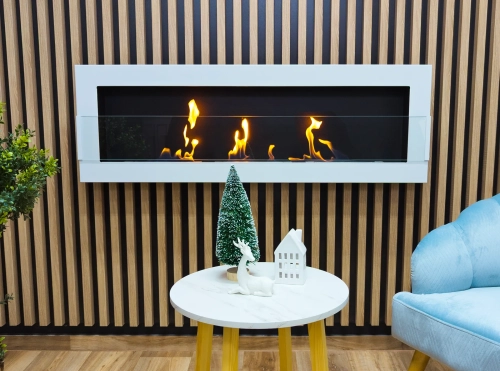Wall-hung biofireplace 1200x400 white gloss with glass