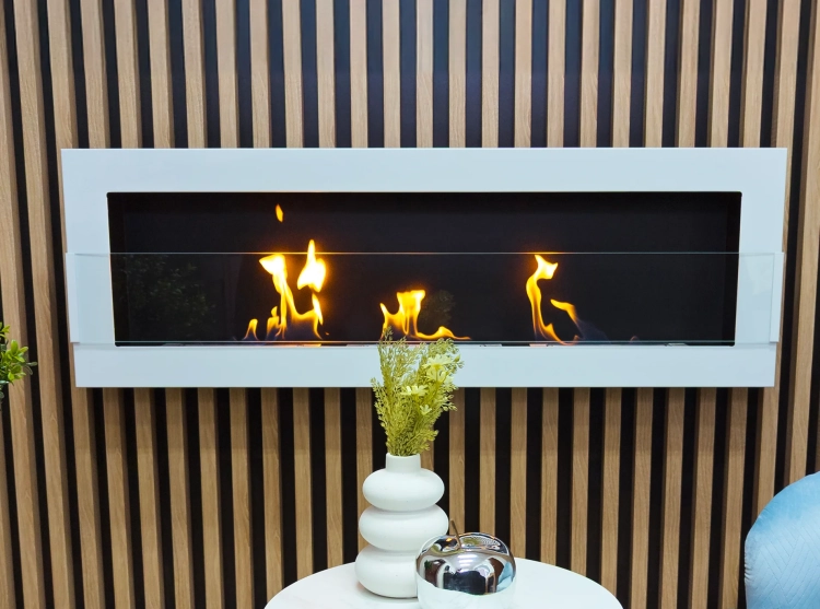 Wall-hung biofireplace 1200x400 white gloss with glass