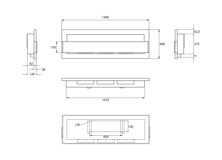 Wall-hung biofireplace 1200x400 white gloss with glass