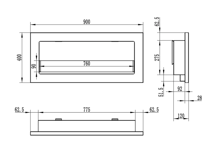 Biofireplace hanging with glass 900x400 Slim black structural matte