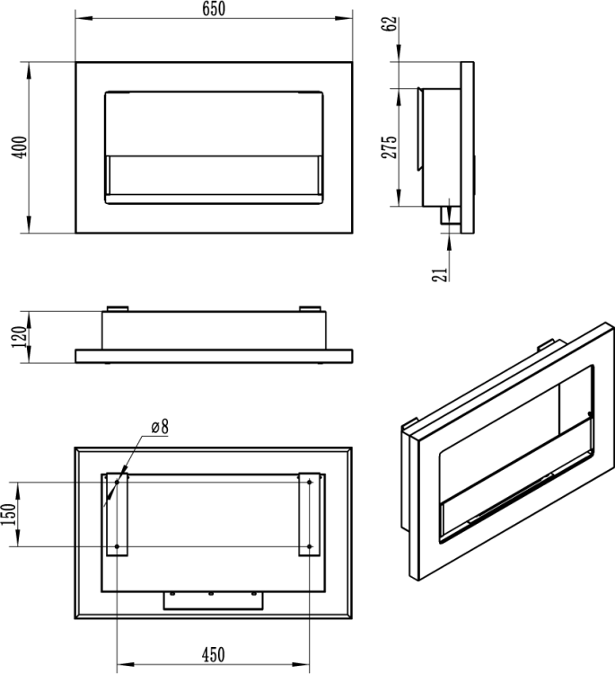 Biofireplace hanging with glass 650x400 Slim black structural matte