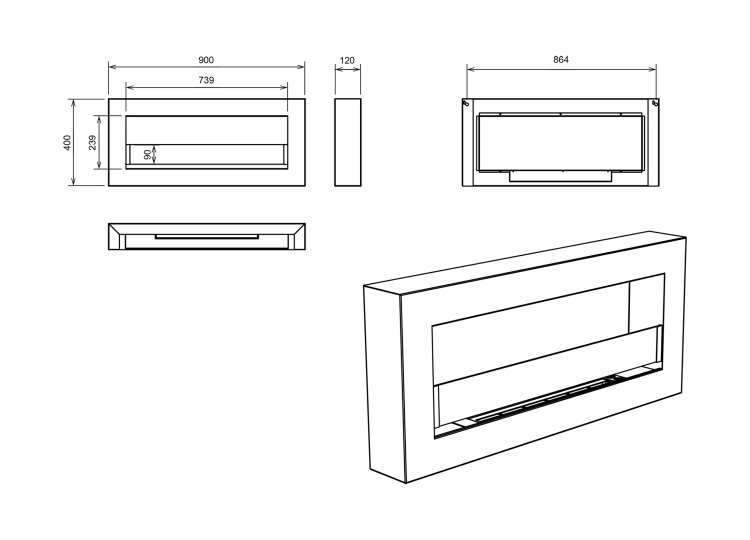Biofireplace hanging with glass 900x400 Box black structural matte