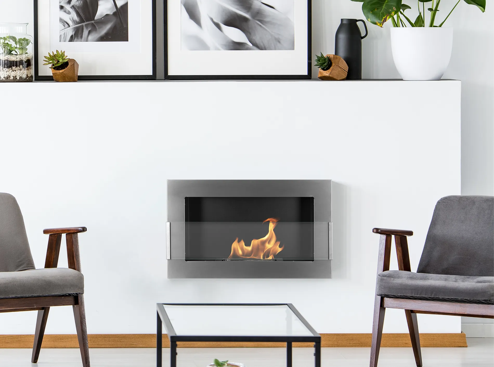 Hanging Bio Fireplace 900x400 with Glass Inox